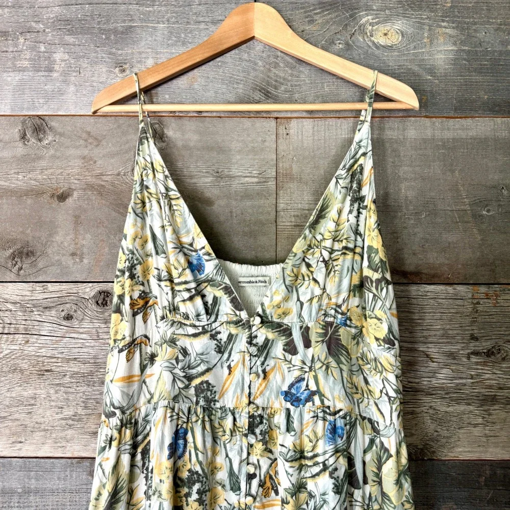 Abercrombie & Fitch Linen Blend Floral Butterfly Button Front Maxi Dress XL Boho